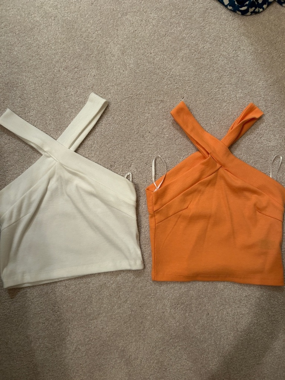 Cross-Strap Ribbed Crop Top in Cream and Orange
